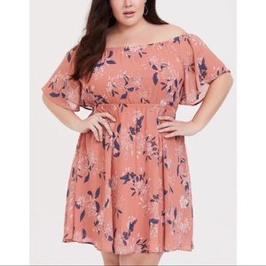 Torrid peach/pink floral off the shoulder challis dress